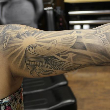 Tattoos - Egyptian bird Horus connecting to a pharaoh and Egyptian queen Nefertiti on the inside of a sleeve. - 119341