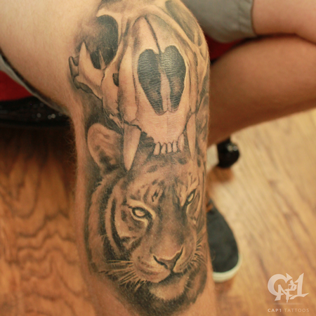 Capone - Tiger Skull and Tiger Knee Tattoo 