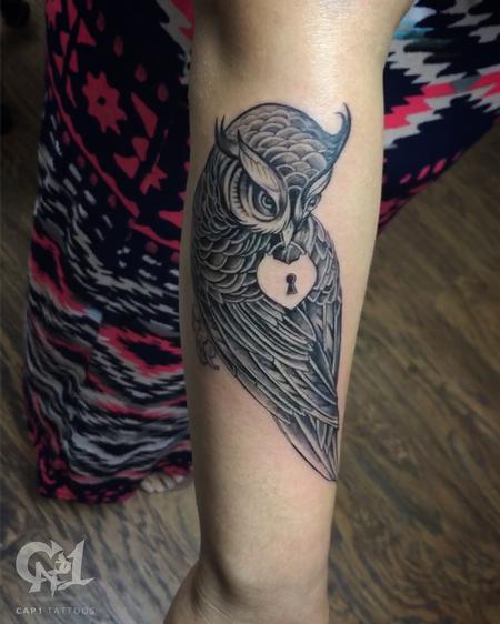 Capone - Owl and Locket Arm Tattoo
