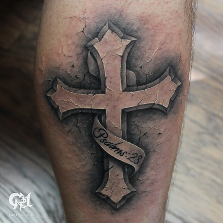 Capone - Psalms 23 Stone Cross Tattoo