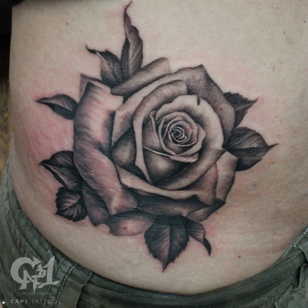 Capone - Black And Grey Rib Cage Rose Tattoo