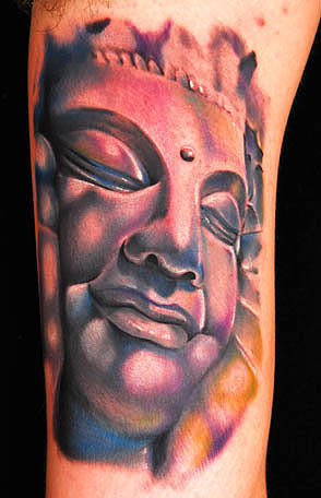 Tattoo Studio : Tattoos : New School : Buddha Face Custom Color Tattoo 