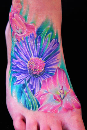 Chris Burnett - Custom Color Flower Foot Tattoo Chris Burnett Art Junkies