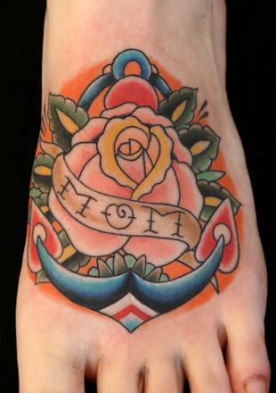 traditional foot anchor with rose : Tattoos :