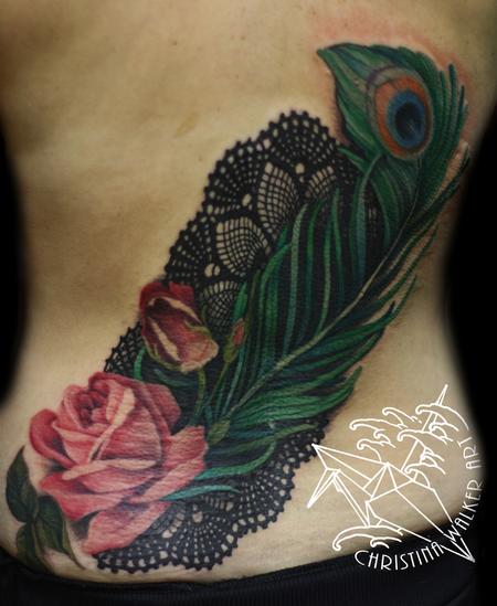 Peacock Feather, Rose and Lace Tattoo Design Thumbnail