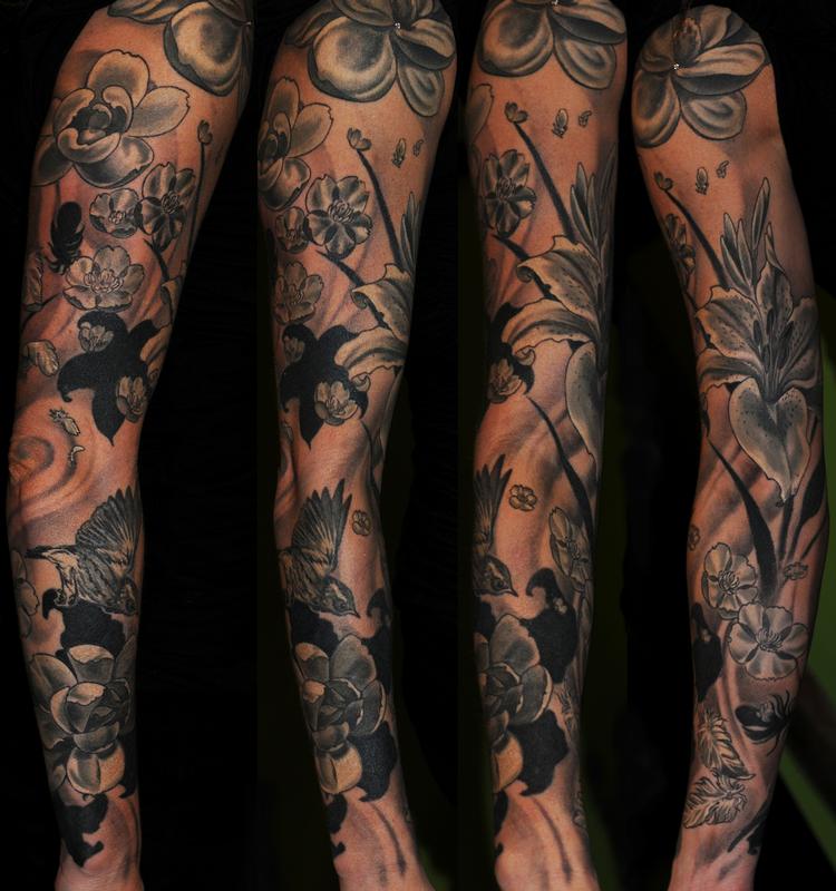 black and grey flowers feathers and bird tattoo by d black and grey flowers feathers and bird tattoo by d