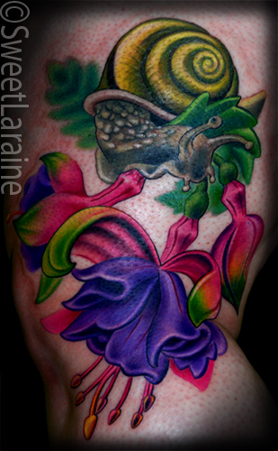 Tattoos - Nature Animal Wildlife tattoos - Snail & Fuschias
