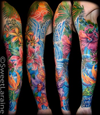 flower tattoo sleeve. flower sleeve tattoo.