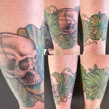 Tattoos - Skull with green floral cover up - 129417