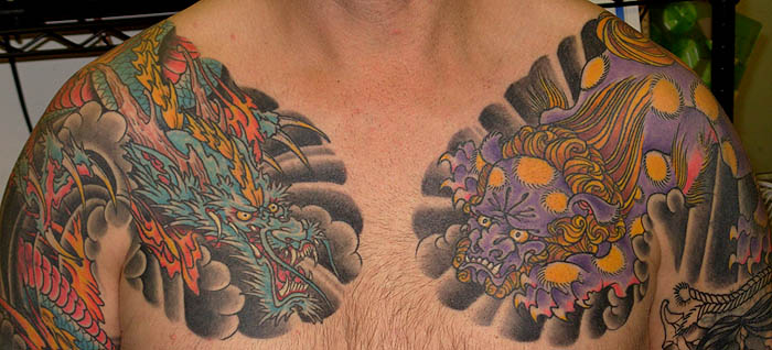 Tattoos - Fantasy Dragon tattoos - dragon and shishi chest