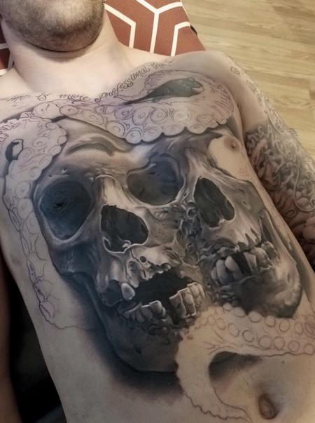 David Vega - Skull and tentacles in progress chest tattoo