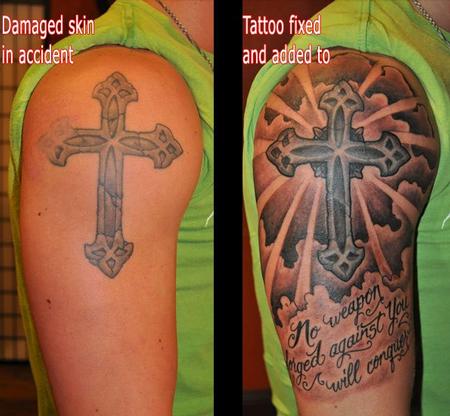 Depiction Tattoo Gallery : Tattoos : Black and Gray : Cross Fix-up Tattoo