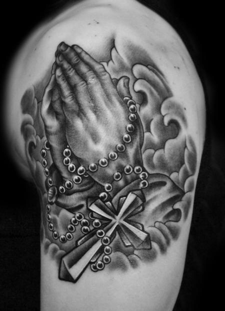 Diego Praying Hands Tattoo Black and Grey Large Image Leave Comment