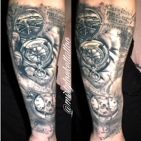Tattoos - Black and grey watch, compass, map sleeve - 132219