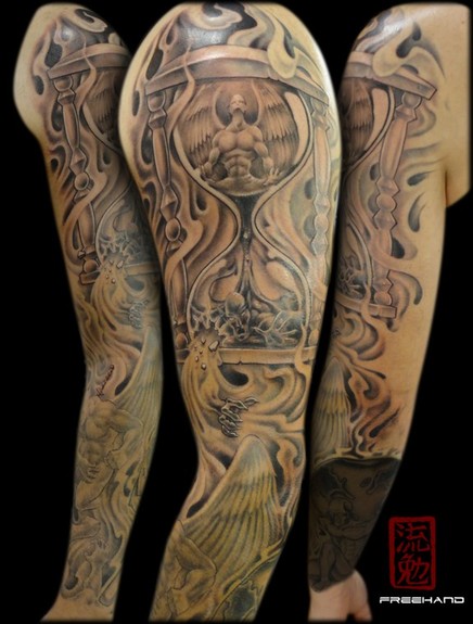 tattoo angels and demons. Tattoos - Eddie Loven - Angels and Demons Hourglass - Freehand Sleeve