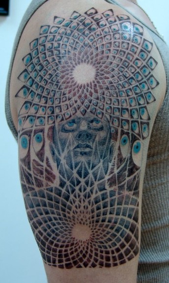 Black and Grey tattoo of an Alex Grey painting with some light blue color