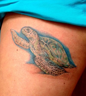 This realistic sea turtle tattoo is about 5 across