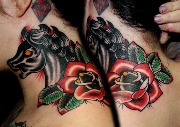 Traditional Rose Neck Tattoo