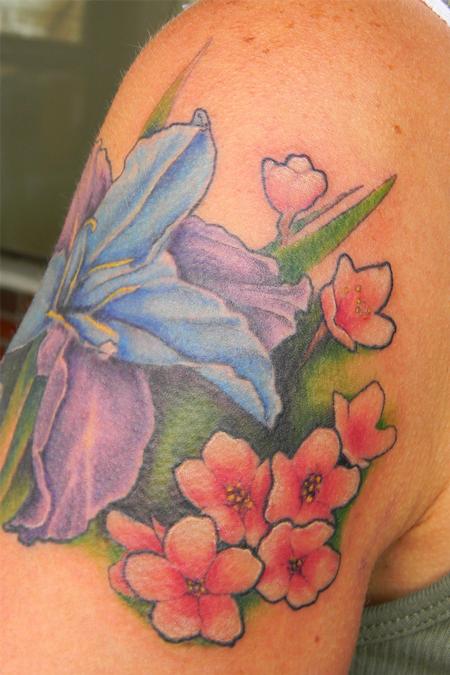 Galen Luker Apple blossoms and Iris tattoo