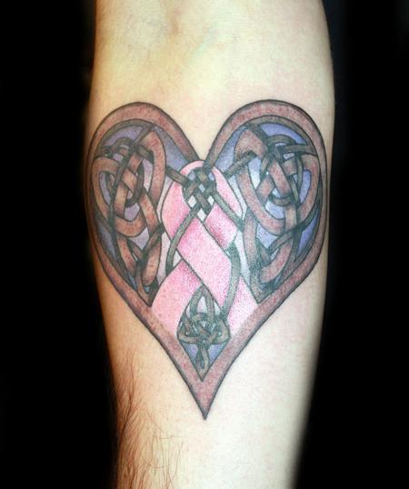 Angela Leaf - Color celtic heart and breast cancer ribbon tattoo