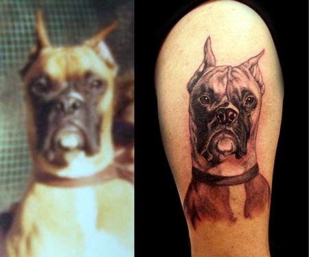 Angela Leaf - black and grey realistic boxer portrait tattoo