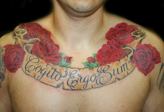 Tattoos Angela Leaf Realistic rose and banner chest tattoo