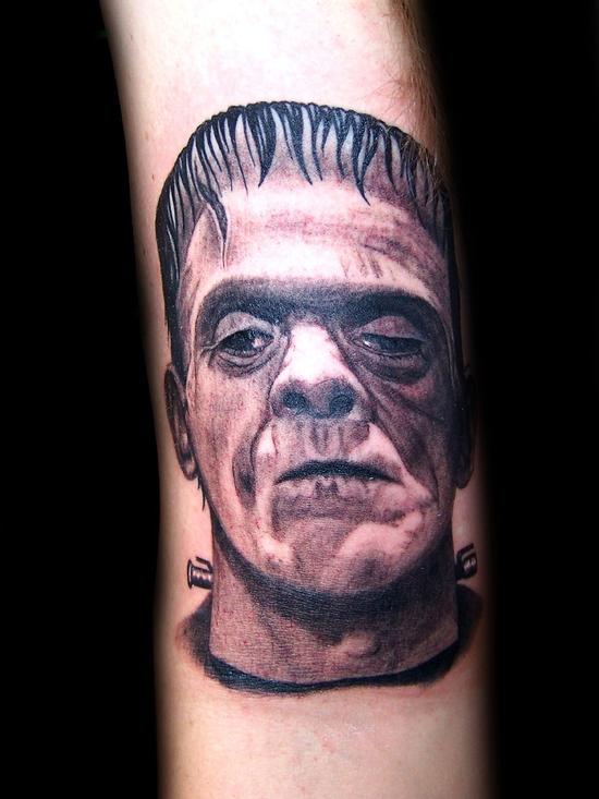 Angela Leaf - Frankenstein realistic black& grey portrait tattoo