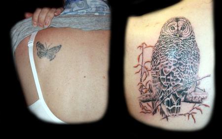 Angela Leaf - realistic owl cover up tattoo