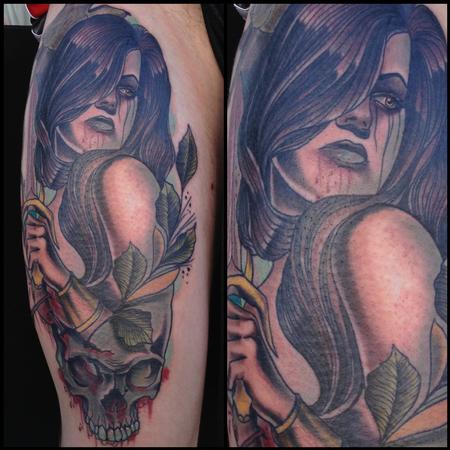 Gary Dunn - traditonal color girl tattoo with skull, Gary Dunn Art Junkies Tattoos