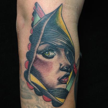 Gary Dunn - traditional color lady face tattoo, Gary Dunn Art Junkies Tattoo