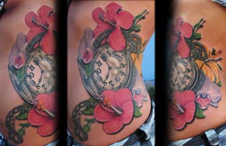 Tattoos - Matthew Davidson - Stop Watch & Flower Tattoo