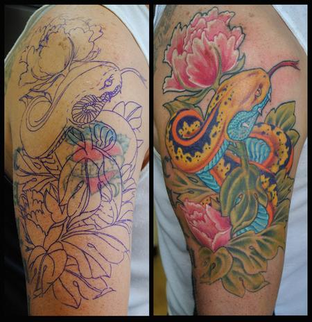 Tattoos Tattoos Nature Japanese snake and flowers