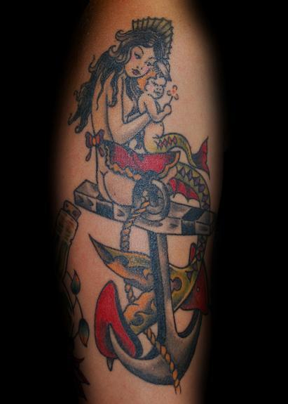 Tattoos - Sailor Jerry Mother, Baby Mermaid Tattoo - 53819