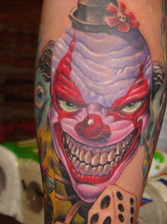 Comments I did this evil clown on my customers legVery fun piece to do