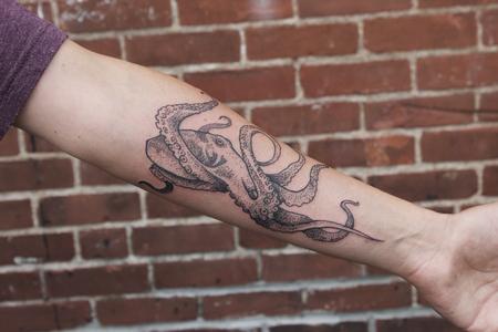 Tattoos - Black stippled illustrative octopus tattoo on forearm - 129199