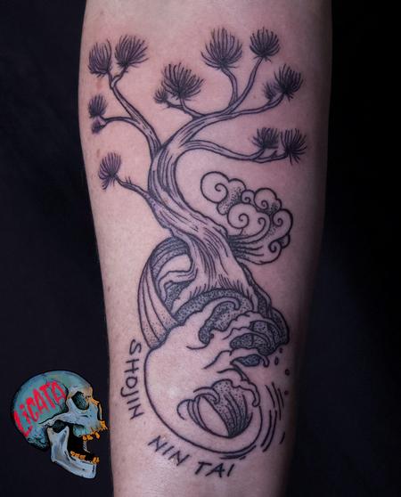 Tattoos - Bonsai with waves and clouds tattoo on forearm - 132858