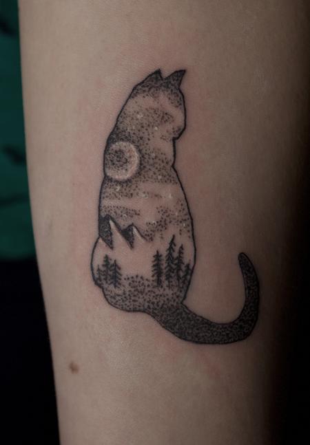 Tattoos - Small Dotwork Cat Tattoo with landscape - 126126