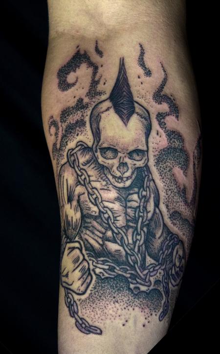 Tattoos - Skull headed muscle dude with chains tattoo on forearm - 132167