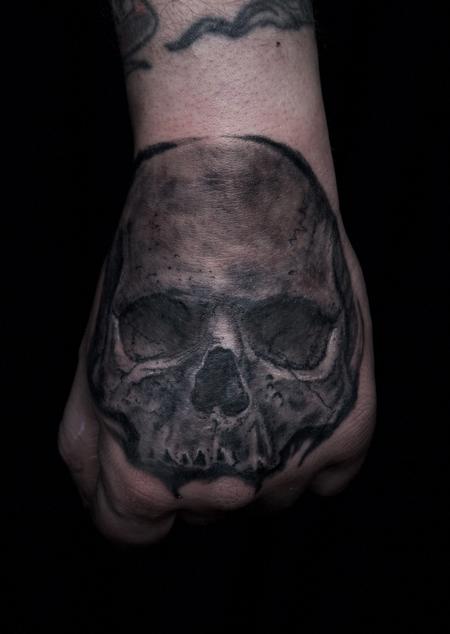 Tattoos - Black and Grey Tattoo Skull on Hand - 126854