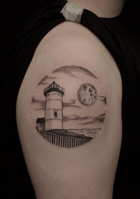 Tattoos - Black stippled lighthouse and moon tattoo on shoulder - 129201