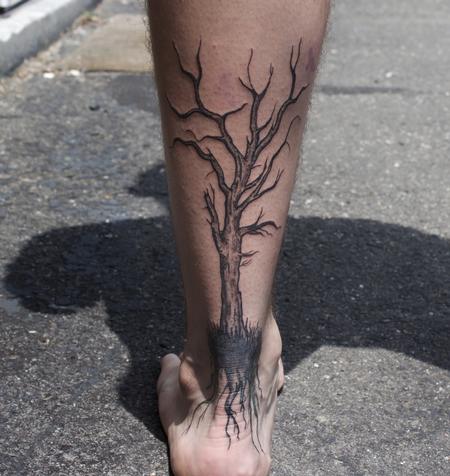Tattoos - Black Illustrative tree on calf tattoo - 128965