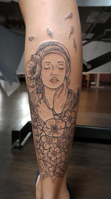 Tattoos - woman with flowers tattoo on calf - 131054