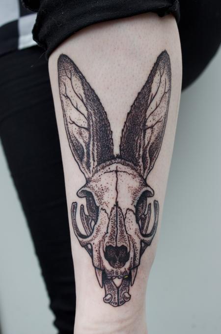 Tattoos - Stippled illustrative dotwork cat skull with rabbit ears tattoo - 128960