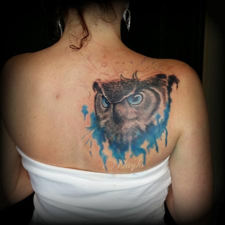 Tattoos - Realism owl cover up with watercolor style accents. - 100227