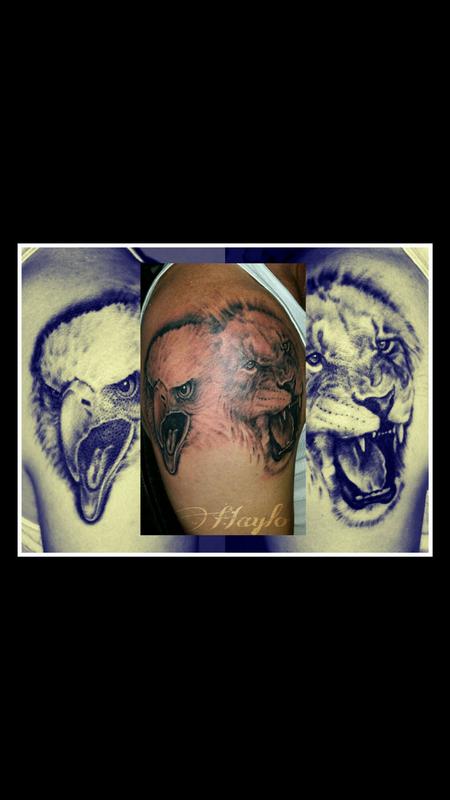 Tattoos - Custom Eagle and Lion Realism Piece - 99415