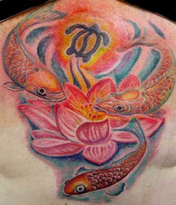 Tattoos Michele Wortman Kio Fish around Lotus click to view large image