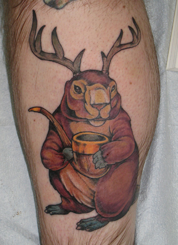 Tattoos - Shawn Hebrank - Alpine marmot with Antlers and a Pipe 
