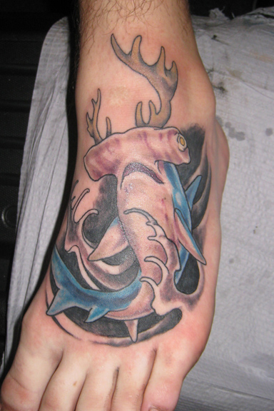 Tattoos - Shawn Hebrank - A hammerhead Shark with Antlers