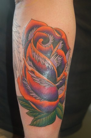 Todd Lambright Neo traditional rose with feathers HOME TATTOO 