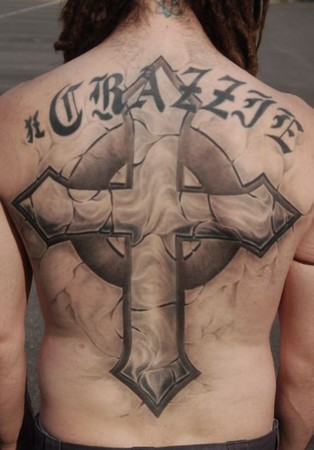 Cross Tattoo On The Back. Stone looking cross back piece